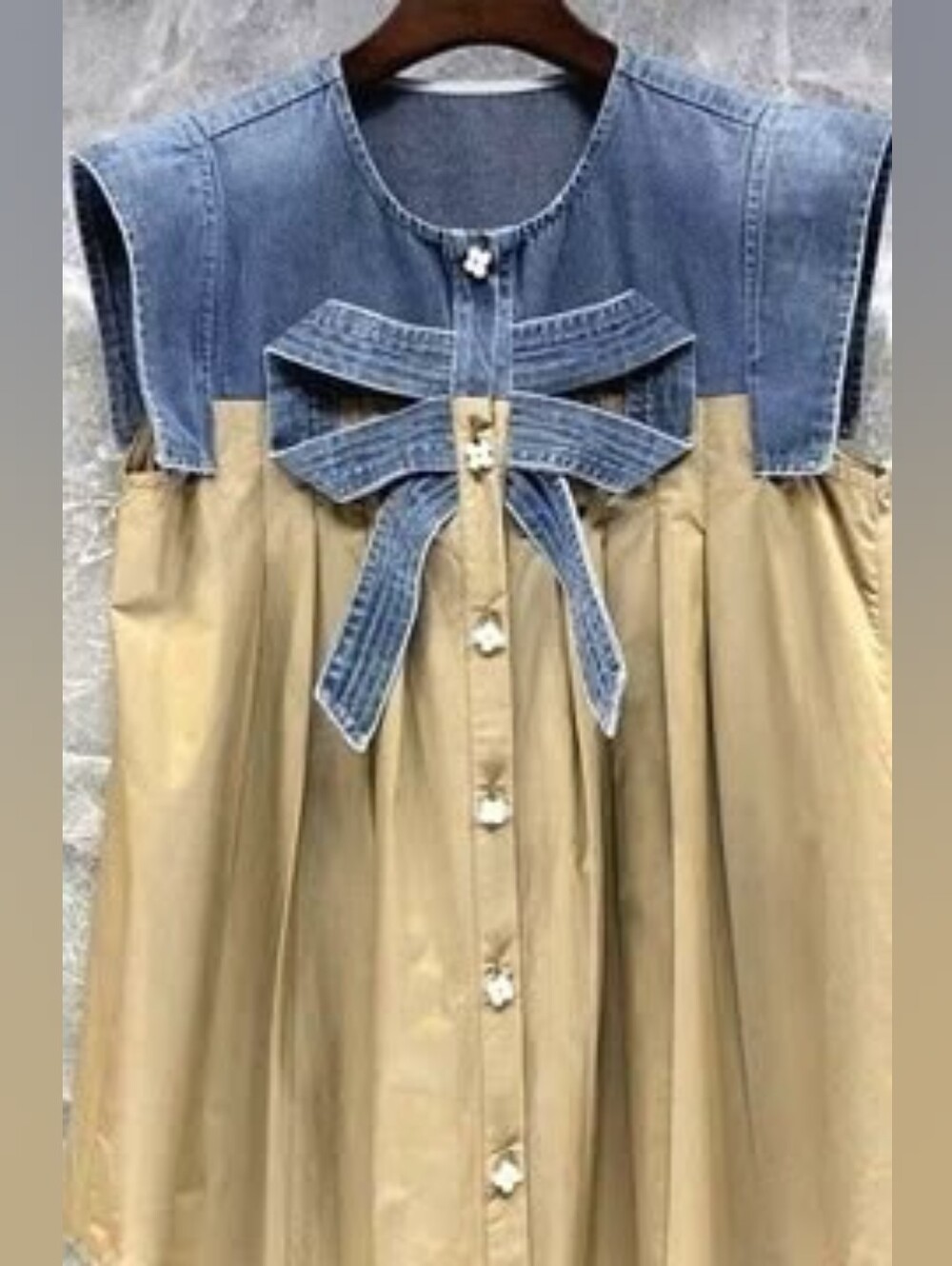 Denim Yoke Bow Button-Front Blouse in Khaki